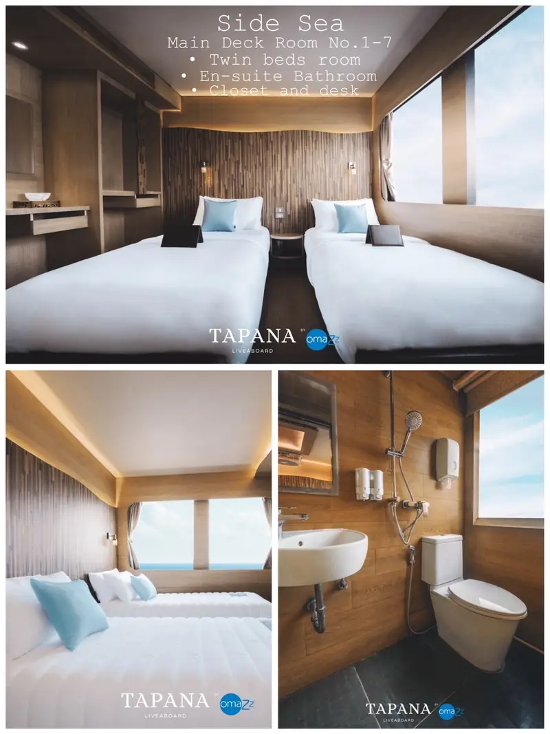 ห้อง Side Sea เตียงคู่ ชั้น Main Deck เรือ Tapana Catamaran